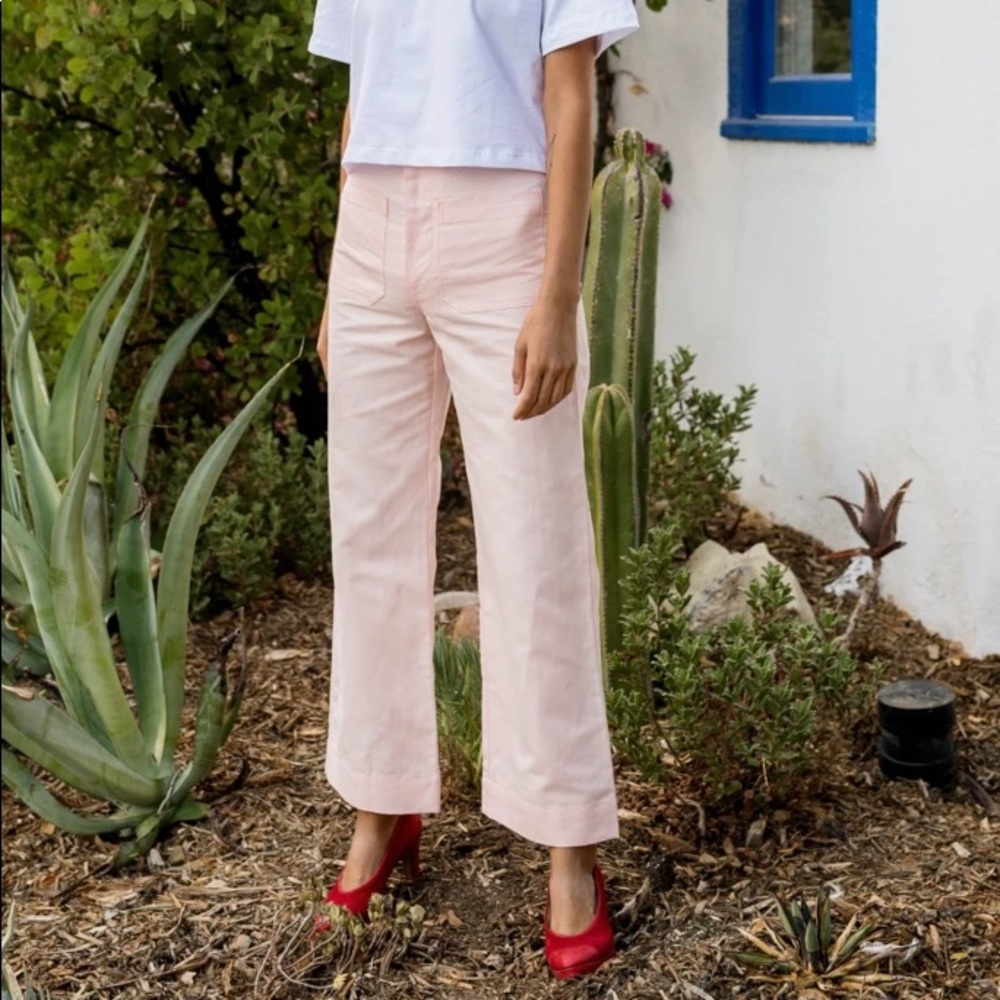 Horses Atelier Designer Pastel Pink High Waisted Canvas Flared Trouser Pants